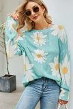 Daisy Print Openwork Round Neck Sweater - Trendsi - Flyclothing LLC