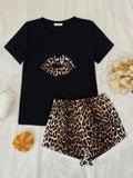Leopard Lip Graphic Top and Shorts Lounge Set - Trendsi - Flyclothing LLC