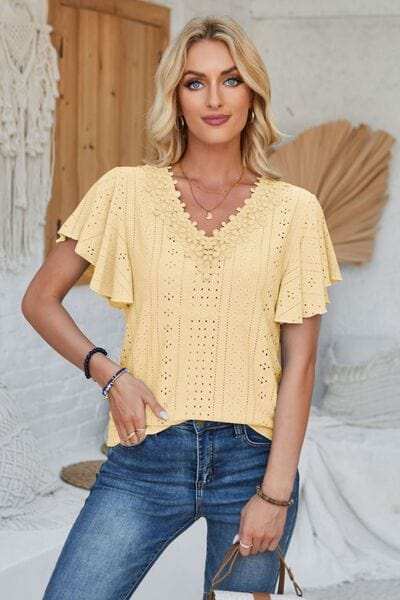 Eyelet Applique V-Neck Cap Sleeve T-Shirt - Trendsi - Flyclothing LLC