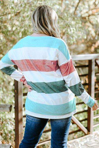 Plus Size Striped Slit Long Sleeve T-Shirt - Trendsi - Flyclothing LLC