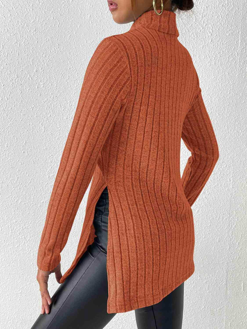 Ribbed Turtleneck Long Sleeve Slit T-Shirt - Trendsi - Flyclothing LLC