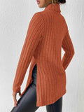 Ribbed Turtleneck Long Sleeve Slit T-Shirt - Trendsi - Flyclothing LLC