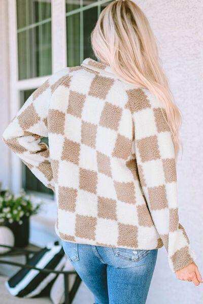 Checkered Snap Down Long Sleeve Jacket - Trendsi - Flyclothing LLC