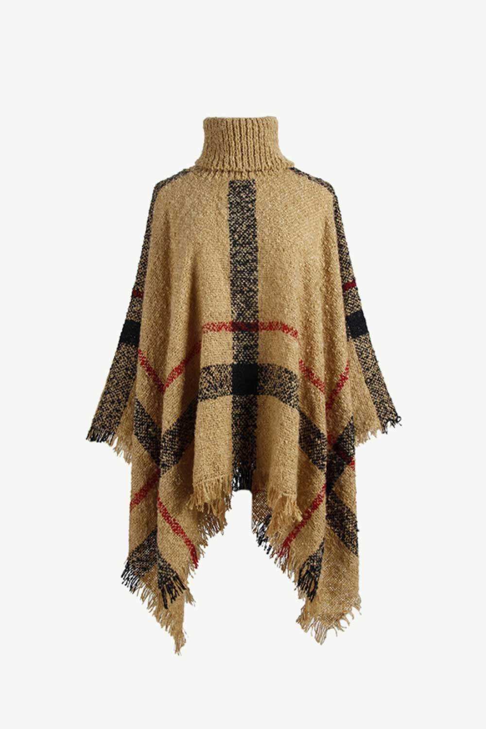 Plaid Turtleneck Raw Hem Poncho - Trendsi - Flyclothing LLC