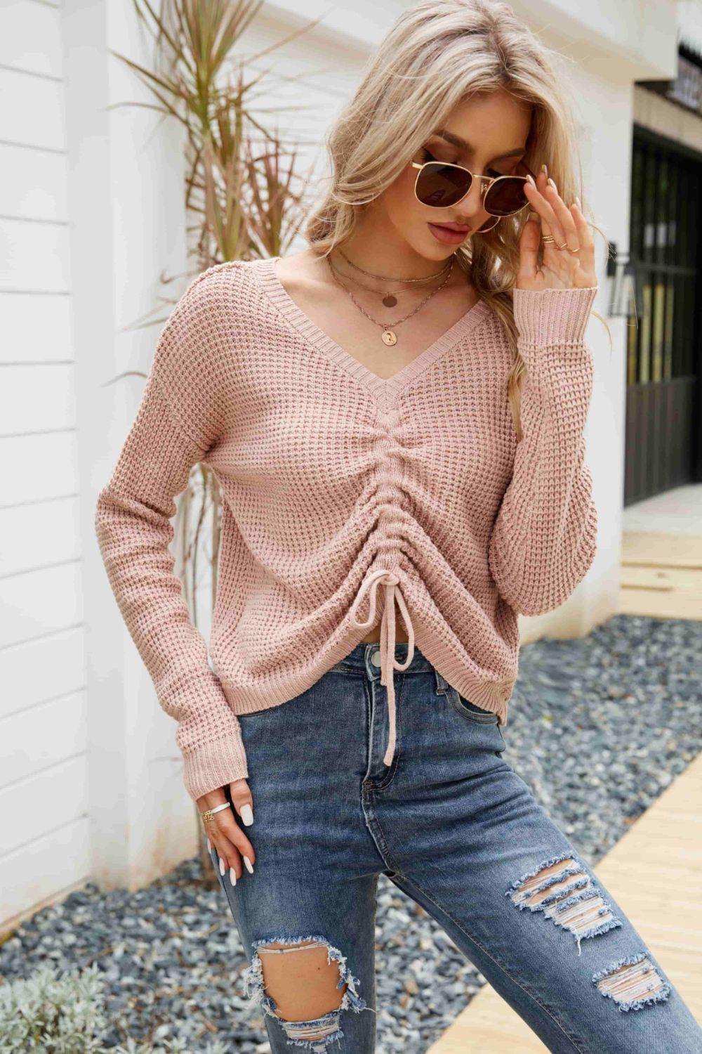 Waffle-Knit Drawstring Detail V-Neck Sweater - Trendsi - Flyclothing LLC