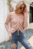 Waffle-Knit Drawstring Detail V-Neck Sweater - Trendsi - Flyclothing LLC