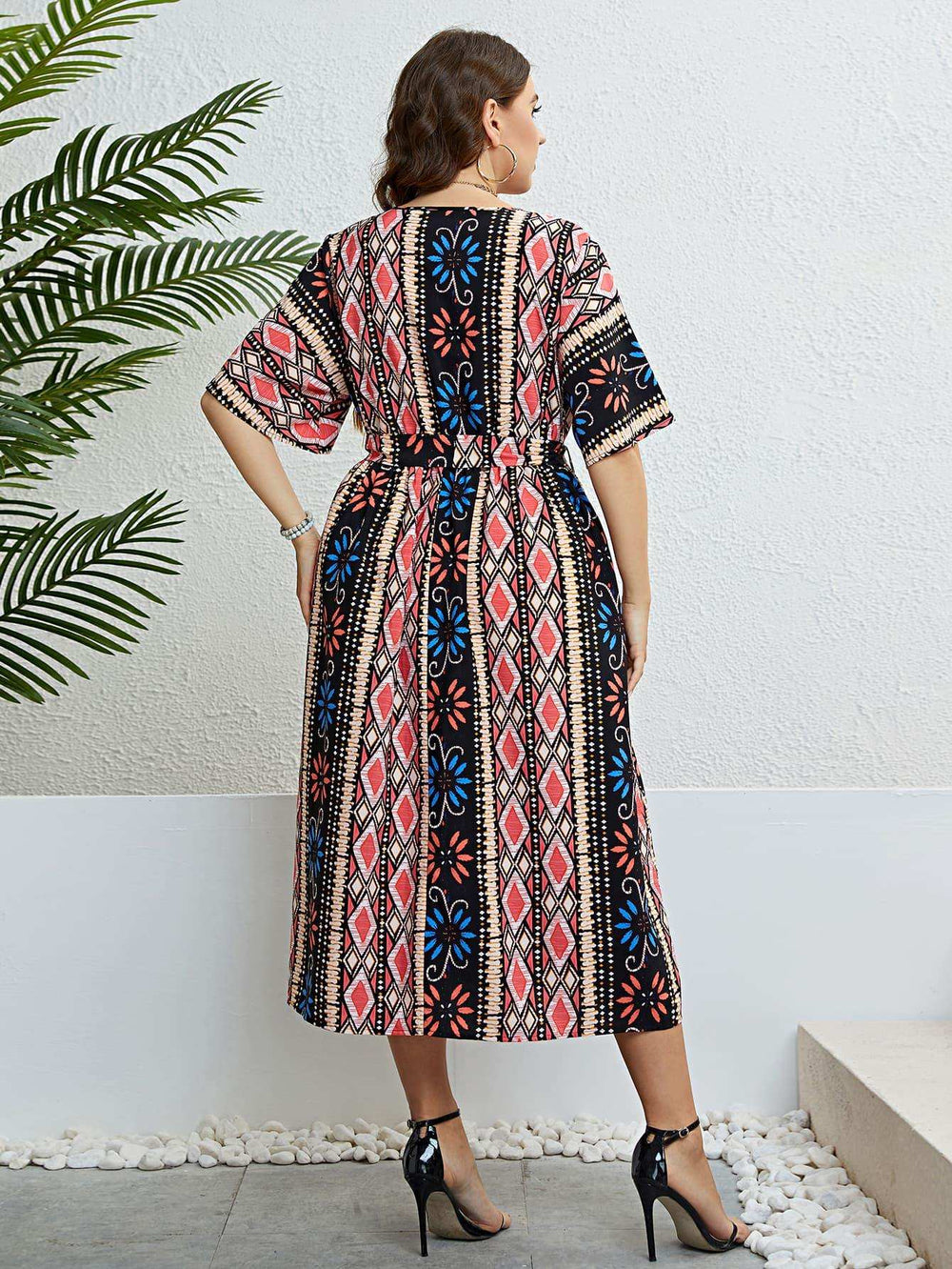 Plus Size Bohemian V-Neck Tie Belt Midi Dress - Trendsi - Flyclothing LLC