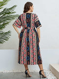 Plus Size Bohemian V-Neck Tie Belt Midi Dress - Trendsi - Flyclothing LLC