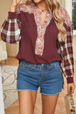 Plaid Notched Neck Slit Blouse - Trendsi - Flyclothing LLC