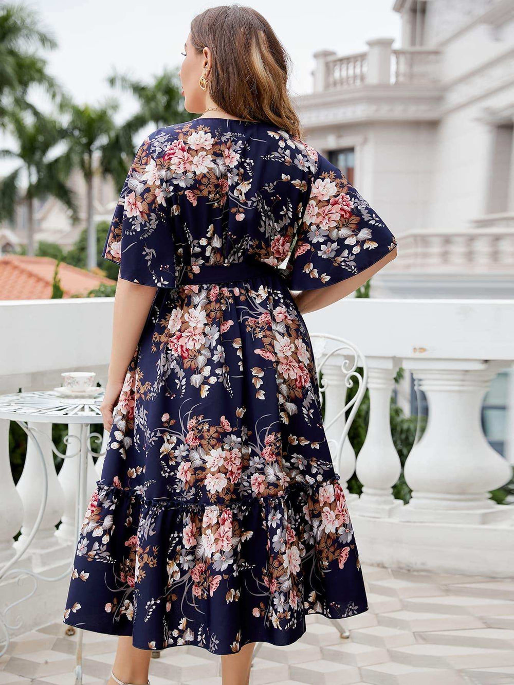 Plus Size Floral Surplice Neck Midi Dress - Trendsi - Flyclothing LLC