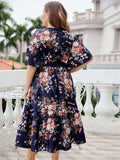 Plus Size Floral Surplice Neck Midi Dress - Trendsi - Flyclothing LLC