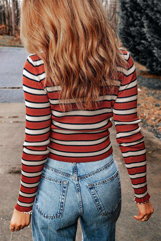 Striped Round Neck Long Sleeve Top - Trendsi - Flyclothing LLC