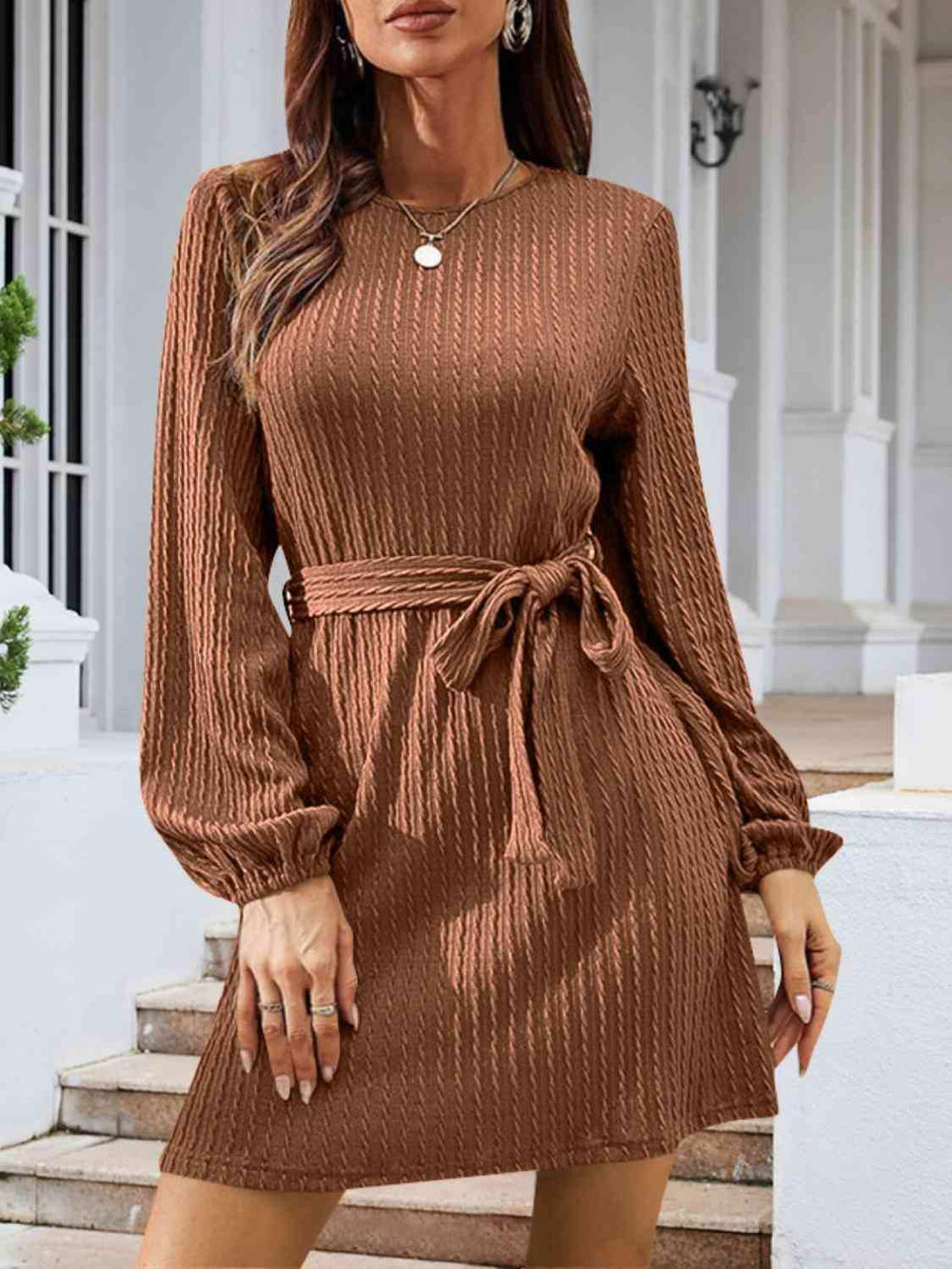 Round Neck Tie Front Long Sleeve Dress - Trendsi - Flyclothing LLC