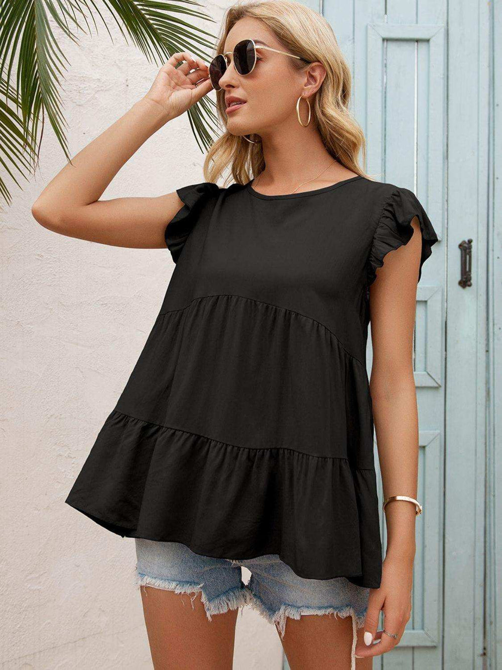 Round Neck Flutter Sleeve Tiered Blouse - Trendsi - Flyclothing LLC