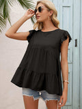Round Neck Flutter Sleeve Tiered Blouse - Trendsi - Flyclothing LLC