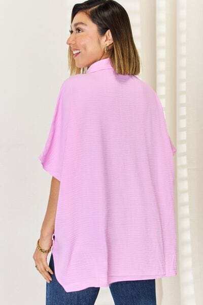 Zenana Texture Button Up Short Sleeve High-Low Shirt - Trendsi - Flyclothing LLC