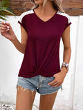 Spliced Lace V-Neck Twisted Hem Tee - Trendsi - Flyclothing LLC