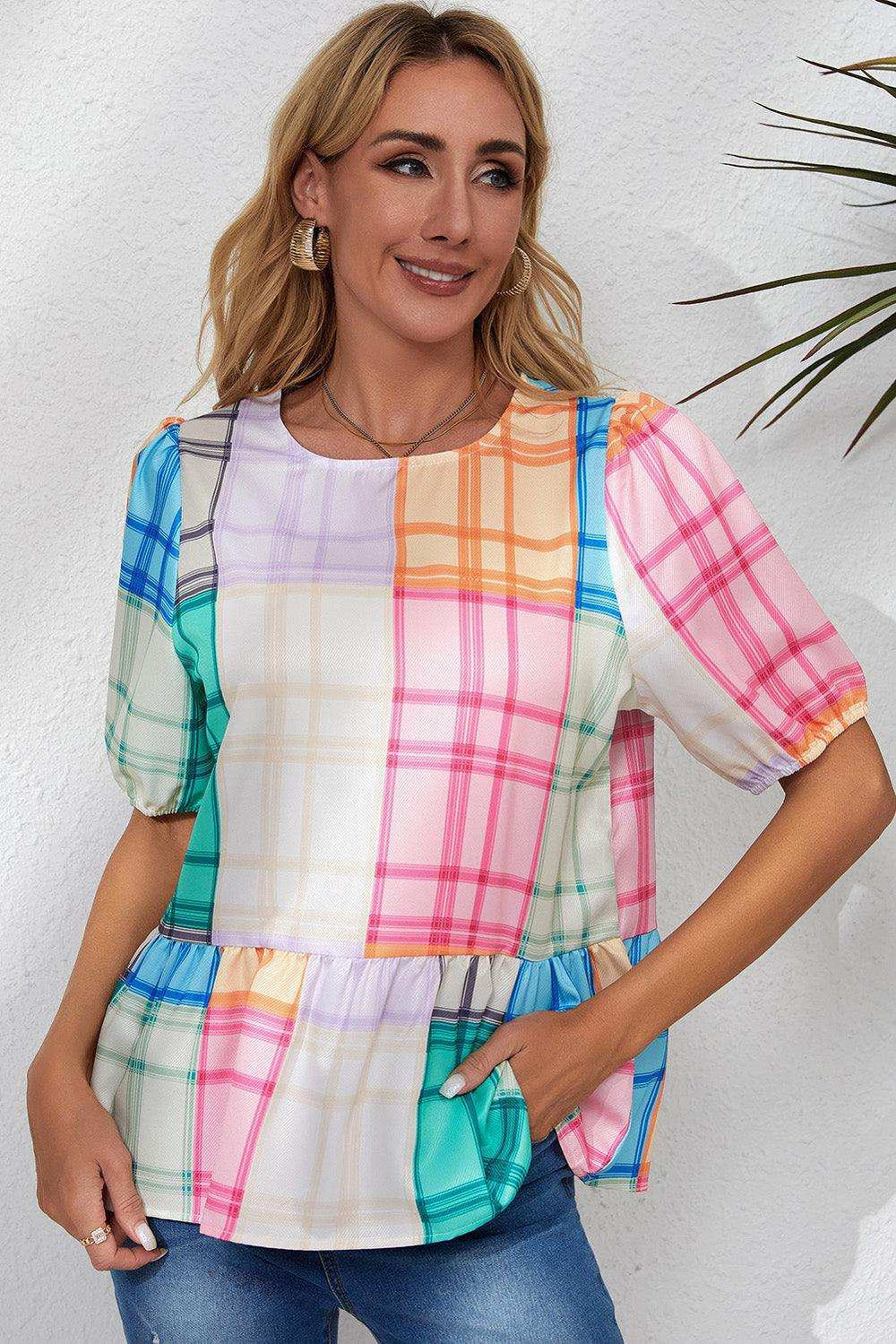 Round Neck Puff Sleeve Plaid Blouse - Trendsi - Flyclothing LLC