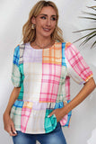 Round Neck Puff Sleeve Plaid Blouse - Trendsi - Flyclothing LLC