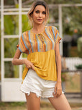 Striped Tie Neck Short Sleeve Blouse - Trendsi - Flyclothing LLC