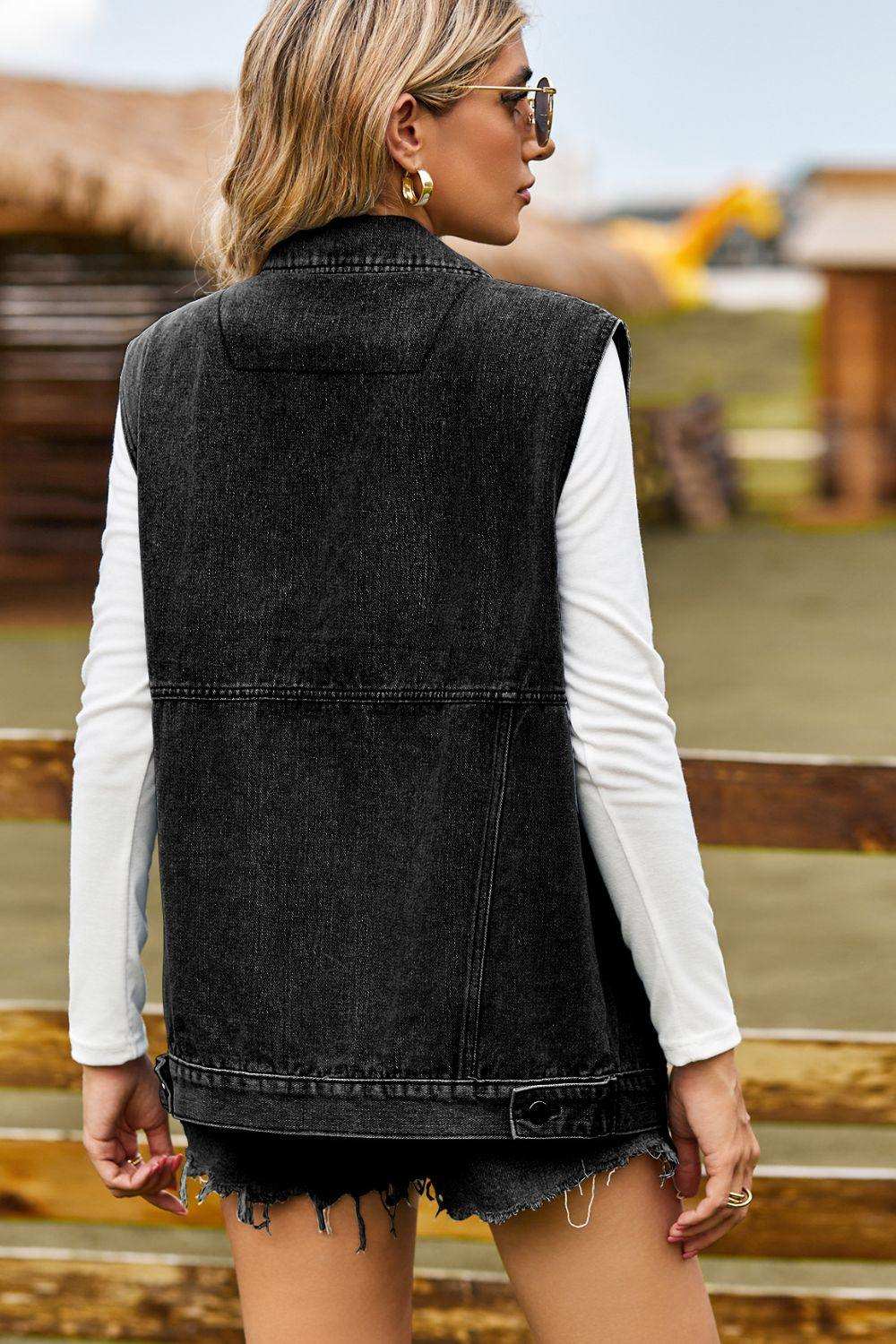 Sleeveless Collared Neck Denim Top with Pockets - Trendsi - Flyclothing LLC