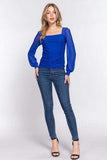 ACTIVE BASIC Square Neck Mesh Long Sleeve Shirring Top - Trendsi - Flyclothing LLC