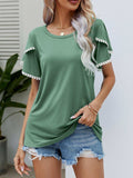 Pom-Pom Trim Flutter Sleeve Round Neck Tee - Trendsi - Flyclothing LLC