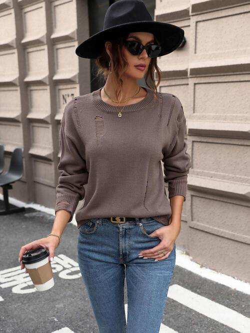 Cutout Round Neck Long Sleeve Sweater - Trendsi - Flyclothing LLC