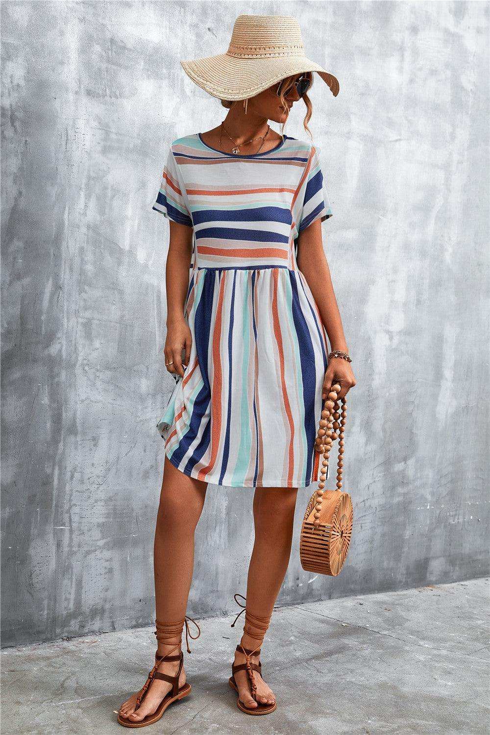 Striped Round Neck Dress - Trendsi - Flyclothing LLC