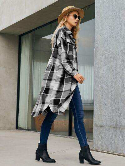 Plaid Pocketed Button Up Trench Coat - Trendsi - Flyclothing LLC