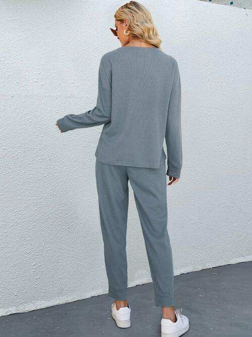 Round Neck Top and Drawstring Pants Set - Trendsi - Flyclothing LLC