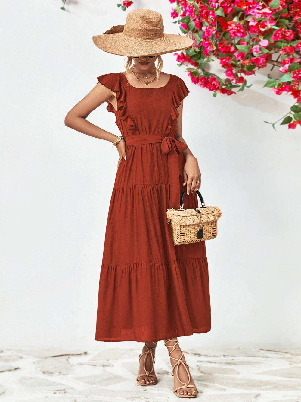 Tie Belt Ruffled Tiered Dress - Trendsi - Flyclothing LLC