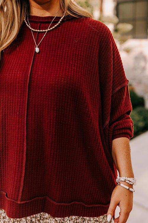 Plus Size Exposed Seam Waffle-Knit High-Low Sweatshirt - Trendsi - Flyclothing LLC