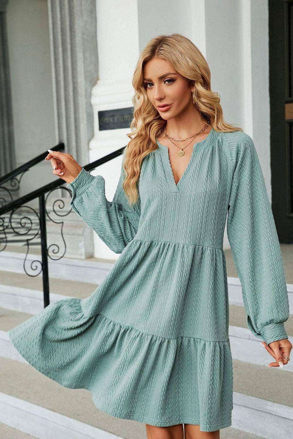 Notched Neck Long Sleeve Mini Dress - Trendsi - Flyclothing LLC