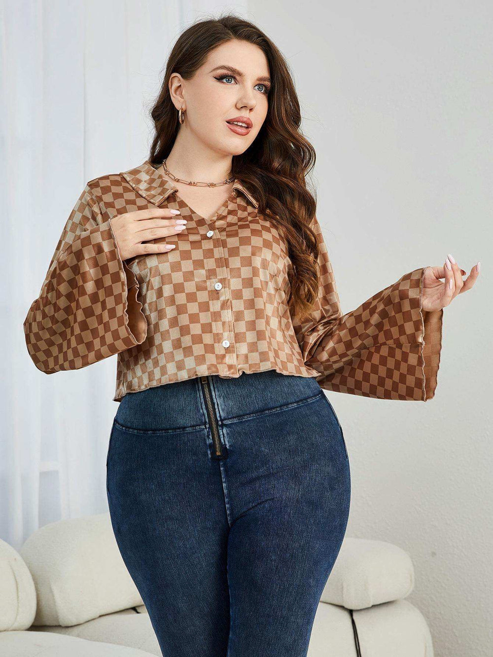 Plus Size Checkered Johnny Collar Flare Sleeve Shirt - Trendsi - Flyclothing LLC