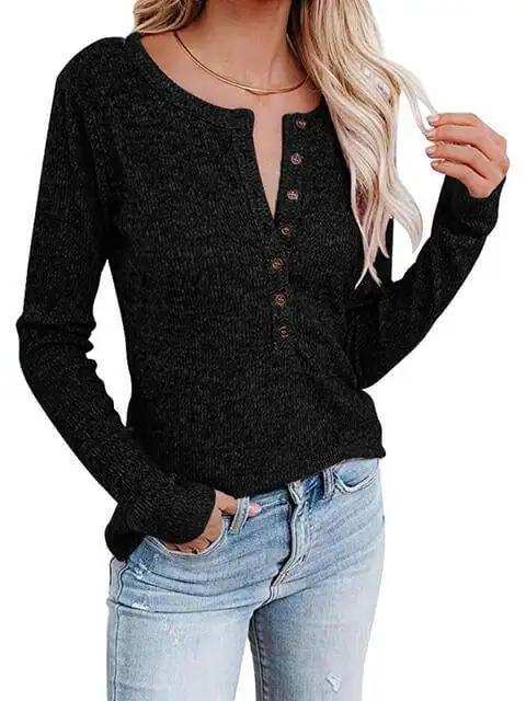 Round Neck Buttoned Long Sleeve T-Shirt - Trendsi - Flyclothing LLC