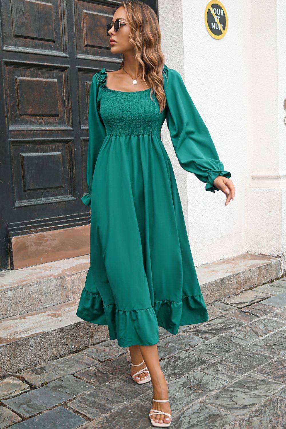 Smocked Ruffle Hem Flounce Sleeve Dress - Trendsi - Flyclothing LLC