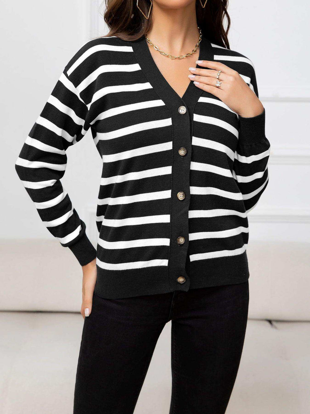 Striped Dropped Shoulder V-Neck Knit Top - Trendsi - Flyclothing LLC