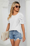 Eyelet Puff Sleeve Round Neck Blouse - Trendsi - Flyclothing LLC