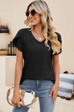 Eyelet V-Neck Petal Sleeve T-Shirt - Trendsi - Flyclothing LLC