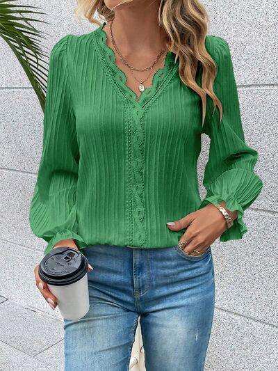 V-Neck Lace Detail Flounce Sleeve Blouse - Trendsi - Flyclothing LLC