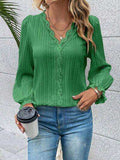 V-Neck Lace Detail Flounce Sleeve Blouse - Trendsi - Flyclothing LLC