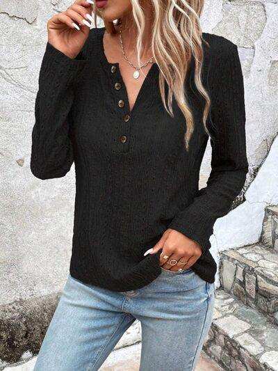 Openwork Half Button Long Sleeve Blouse - Trendsi - Flyclothing LLC