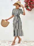 Striped Tie Belt Round Neck Puff Sleeve Dress - Trendsi - Flyclothing LLC