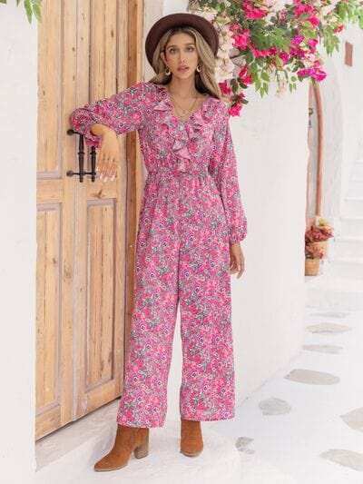 Printed Ruffled V-Neck Balloon Sleeve Jumpsuit - Trendsi - Flyclothing LLC