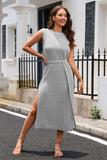 Round Neck Tie Belt Slit Sleeveless Sweater Dress - Trendsi - Flyclothing LLC