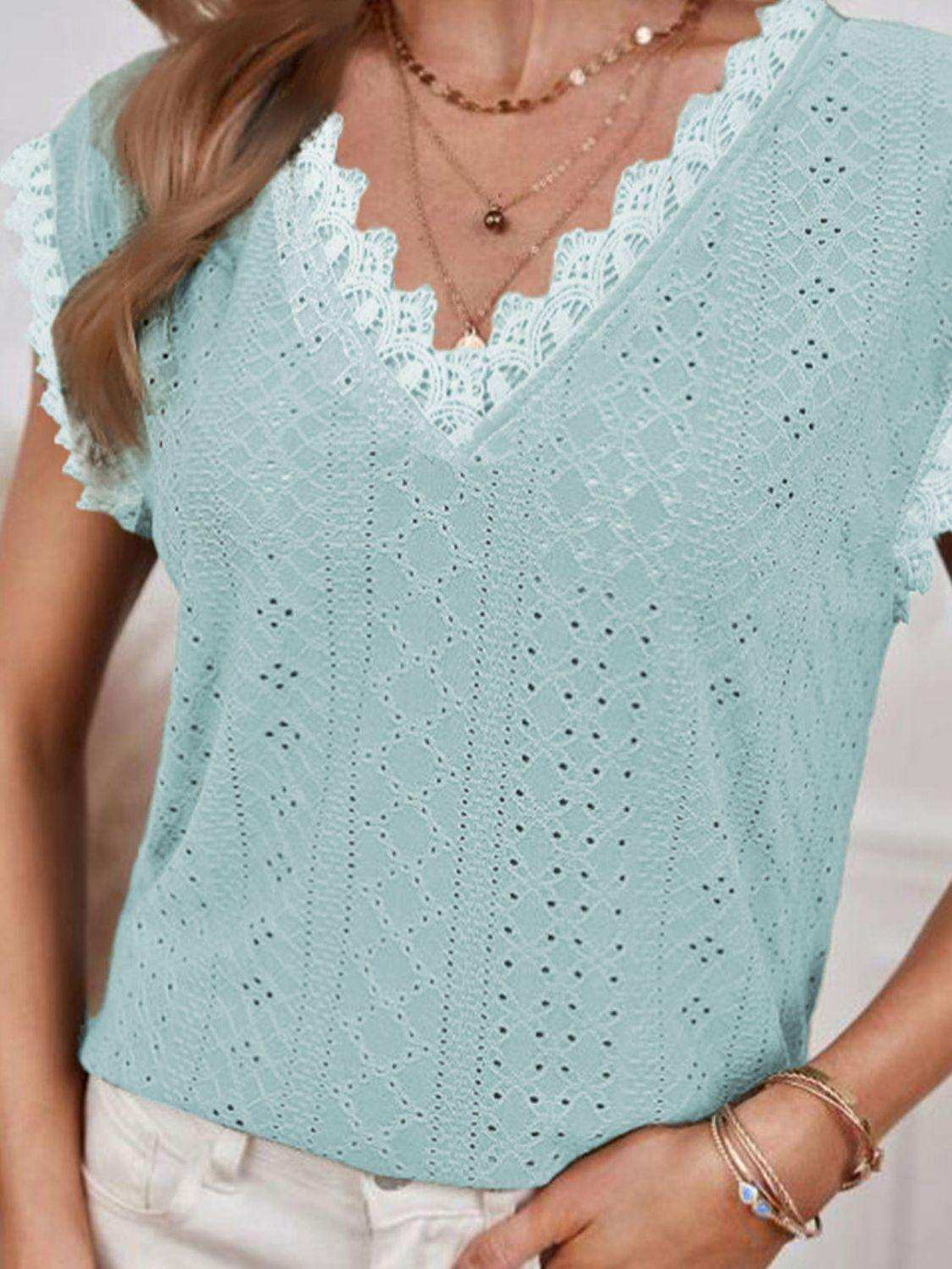 V-Neck Eyelet Short Sleeve Top - Trendsi - Flyclothing LLC