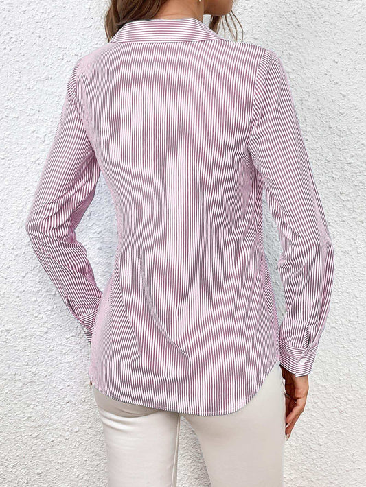 Bow Tie Waist Johnny Collar Neck Striped Blouse - Trendsi - Flyclothing LLC