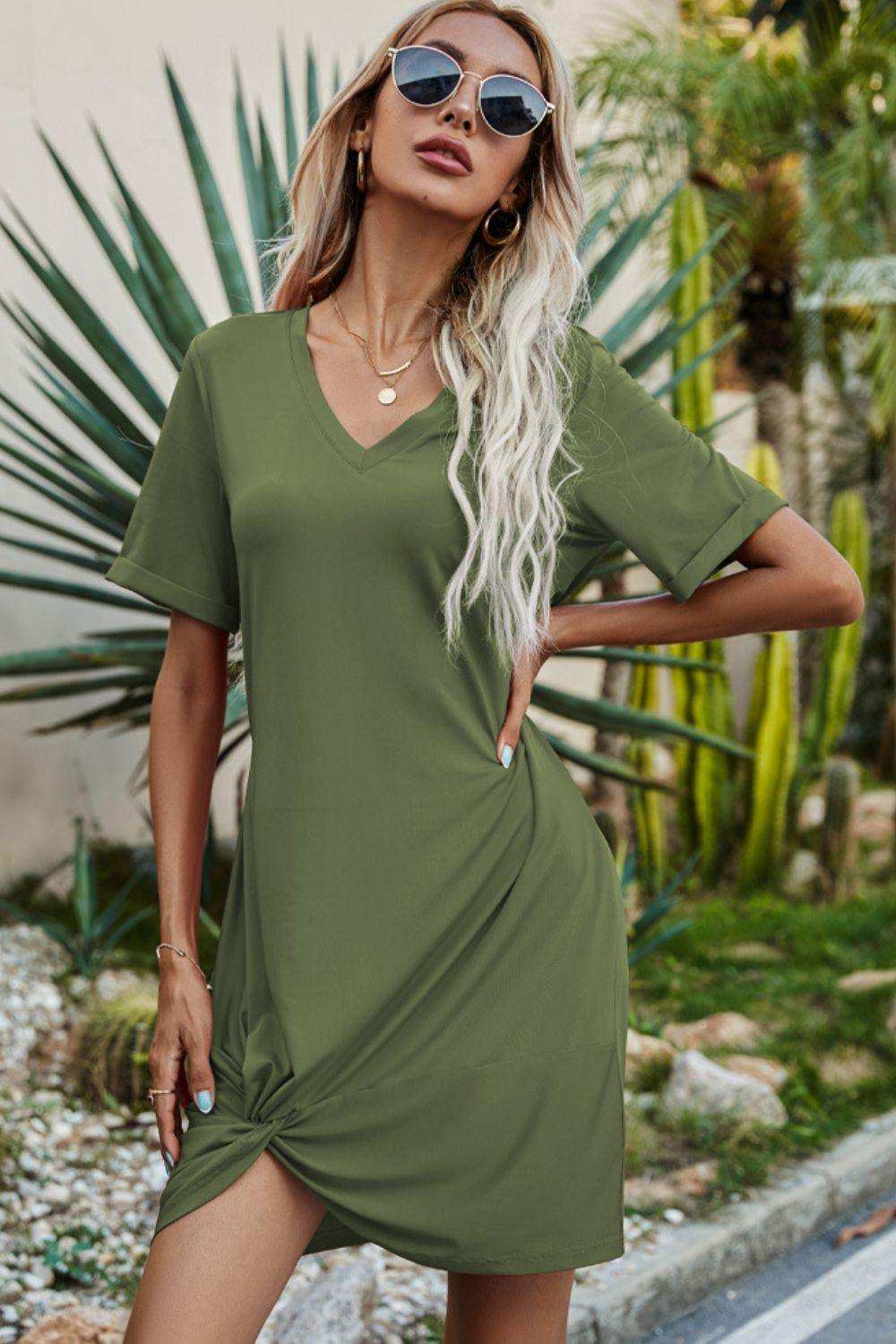 Twisted V-Neck Short Sleeve Dress - Trendsi - Flyclothing LLC