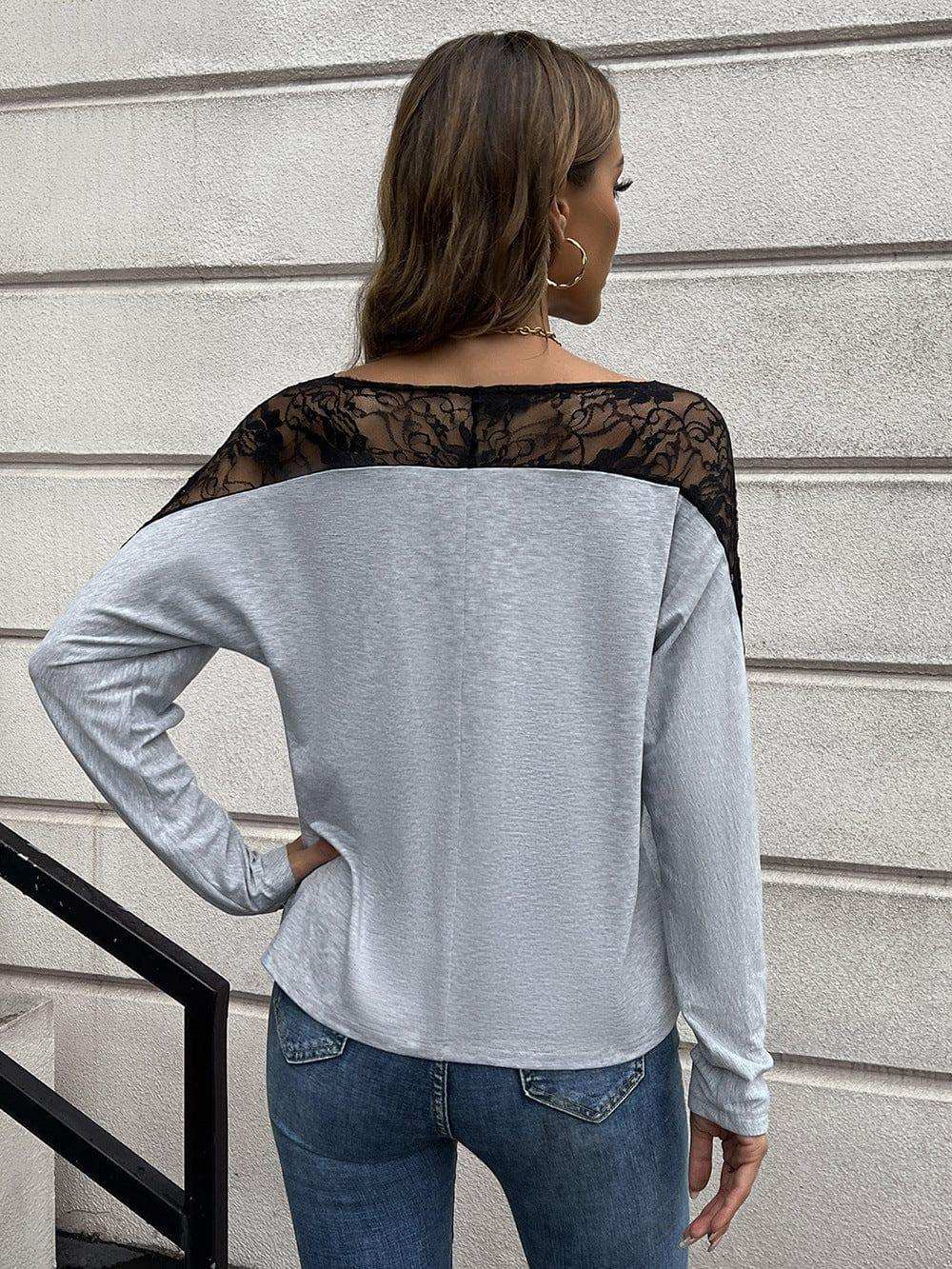 Lace Long Sleeve Round Neck Tee - Trendsi - Flyclothing LLC